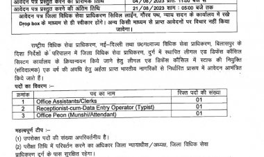 लीगल एड डिफेंस कौंसिल सिस्टम दुर्ग कार्यालय हेतु कार्यालय सहायक या क्लर्क, रिसेप्शनिस्ट-सह-डाटा एण्ट्री ऑपरेटर (टायपिस्ट) एवं कार्यालय भृत्य (मुंशी या अटेन्डेंट) कर्मचारियों के रिक्त पदों पर संविदा भर्ती हेतु आवेदन पत्र आमंत्रित, वेतन 20 हजार तक