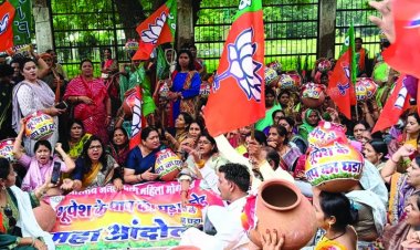 कांग्रेस सरकार के पाप का घड़ा फोड़ने  भाजपा महिला मोर्चा ने कलेक्टर पहुंच घड़ा फोड़कर किया प्रदर्शन