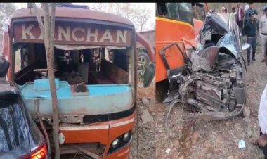 बस और कार में भीषण टक्कर से 10 लोग गंभीर