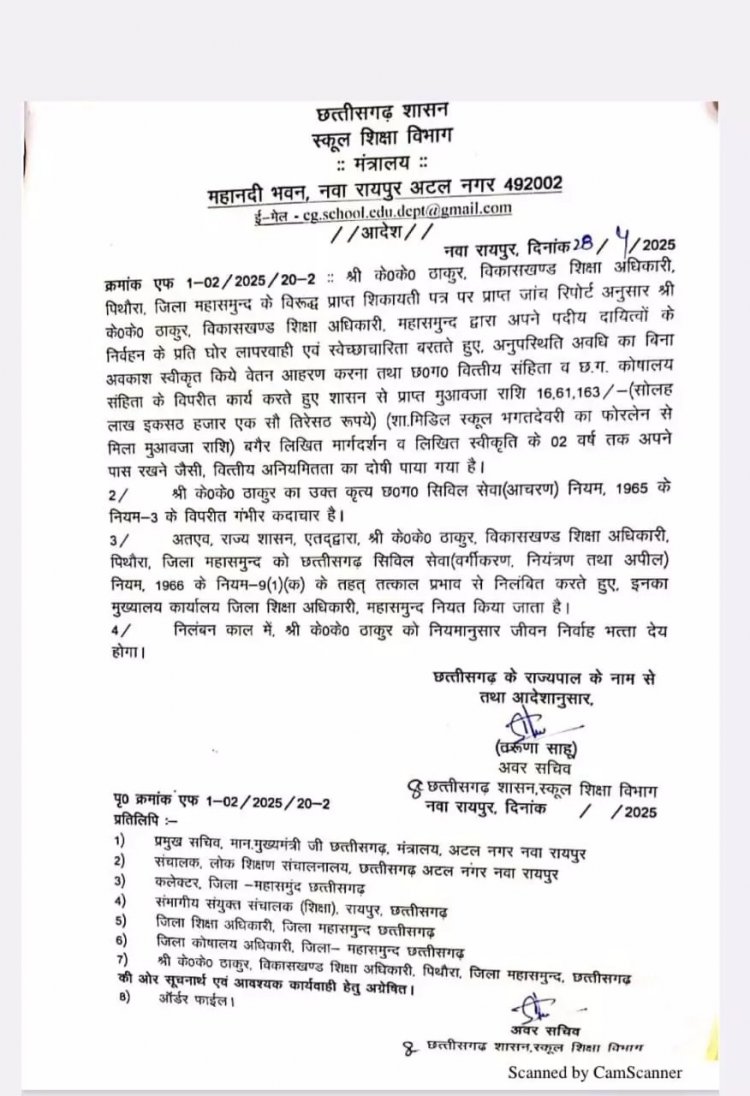 गंभीर वित्तीय अनियमितताओं के चलते विकासखण्ड शिक्षा अधिकारी निलंबित