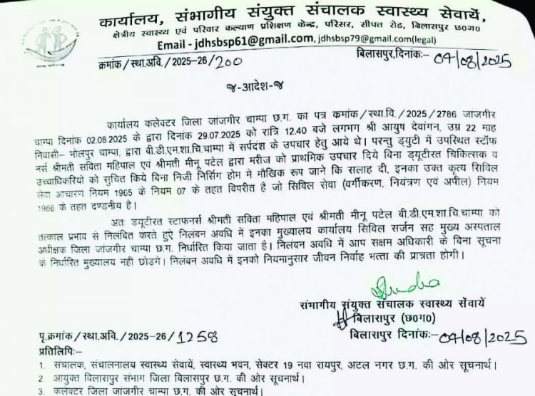 नर्सों की लापरवाही से मासूम की मौत, सांप काटने से तड़पते मासूम को निजी अस्पताल में जाने की सलाह देने वाली दो नर्स निलंबित