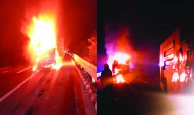 दिल्ली-मुंबई एक्सप्रेस-वे पर भीषण हादसा पिकअप में आग लगने से 3 की जिंदा जलकर मौत, ड्राइवर गंभीर