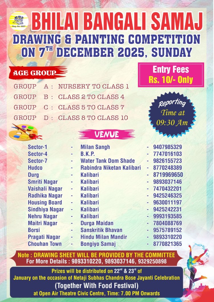 भिलाई बंगाली समाज का ड्राइंग एवं पेंटिंग कॉम्पिटिशन 7 दिसंबर को