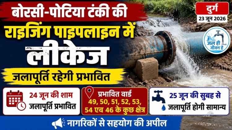 टंकी की राइजिंग पाइपलाइन में लीकेज, 24 जून को कई वार्डों में जलापूर्ति रहेगी प्रभावित